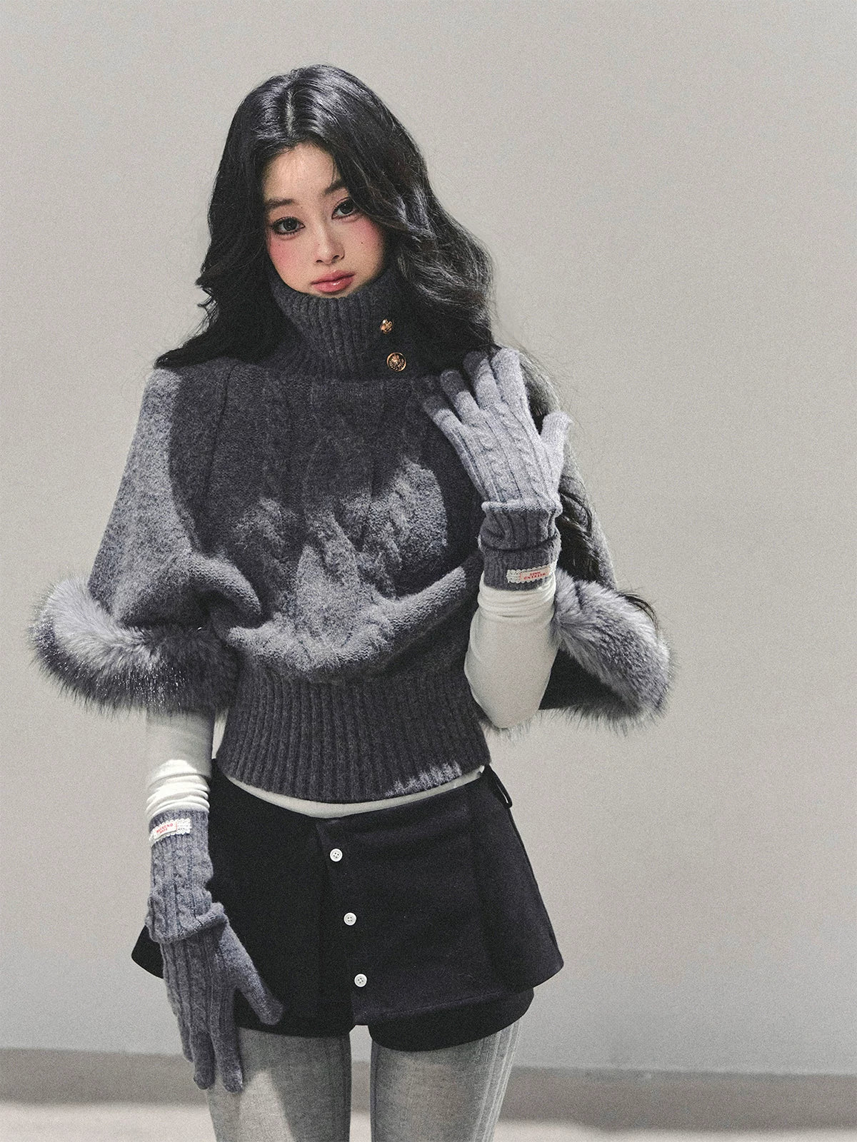 High-Neck Cable Knit Sweater