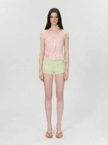 Vintage Handmade Floral Appliqué Ruched Slim-Fit T-Shirt