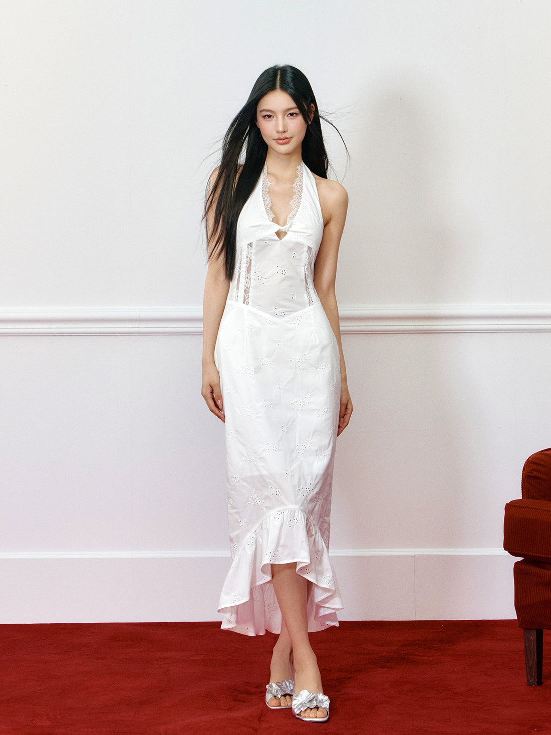 Lace Paneled Hollow Halter Mermaid Dress