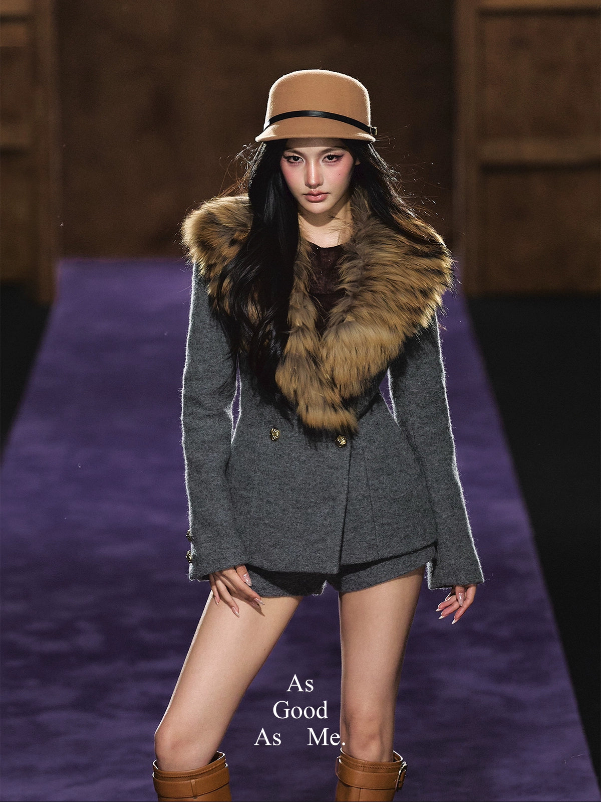 Detachable Fur Collar Wool Tailored Blazer &amp; Shorts Set