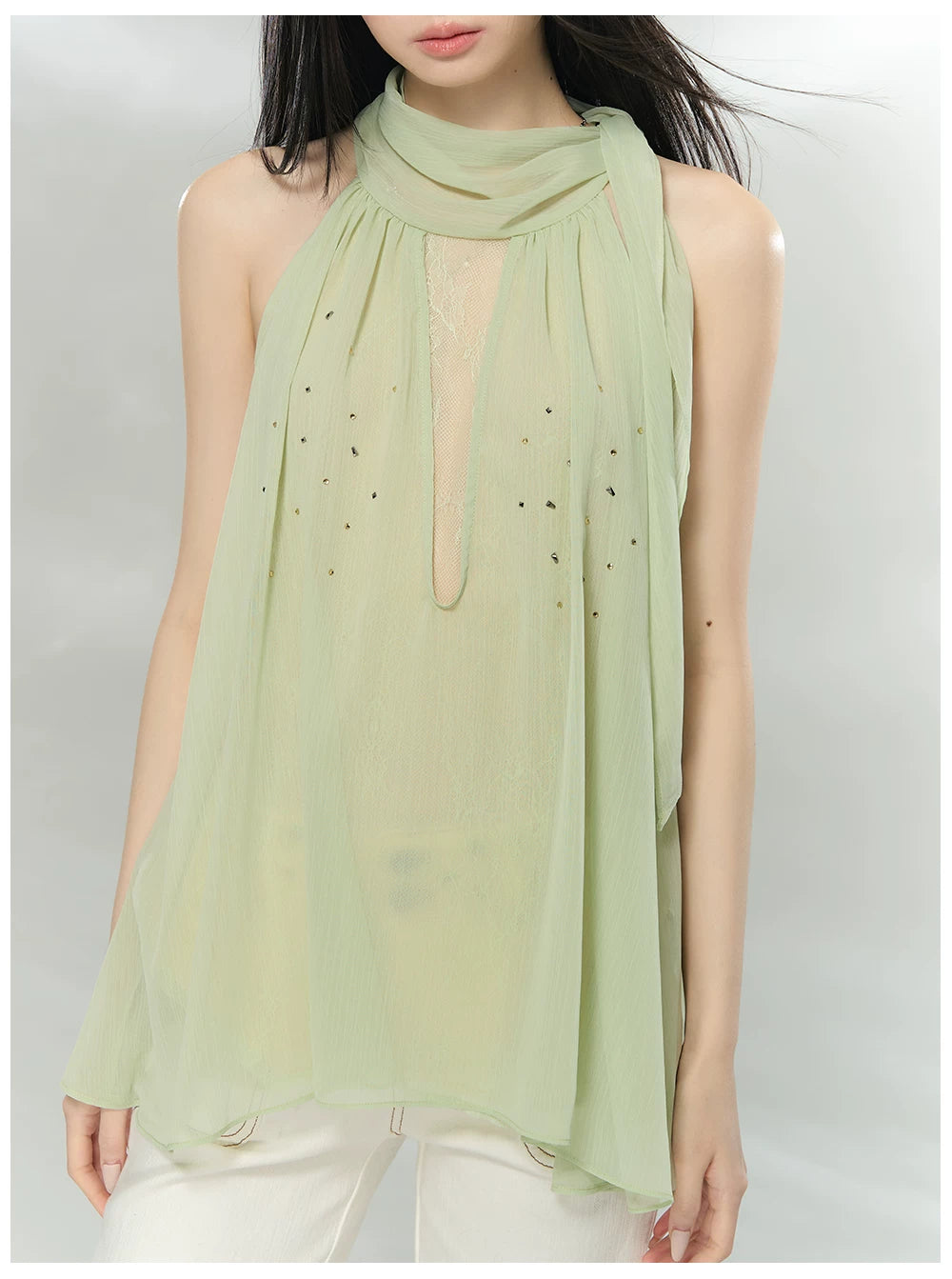 Embellished Sleeveless Chiffon Lace Top