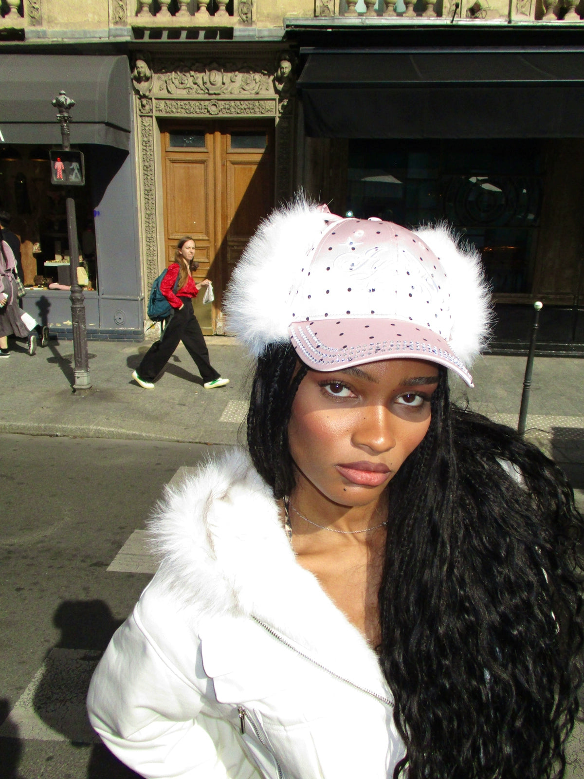 Rhinestone Ear-Flap Furry Baseball Cap