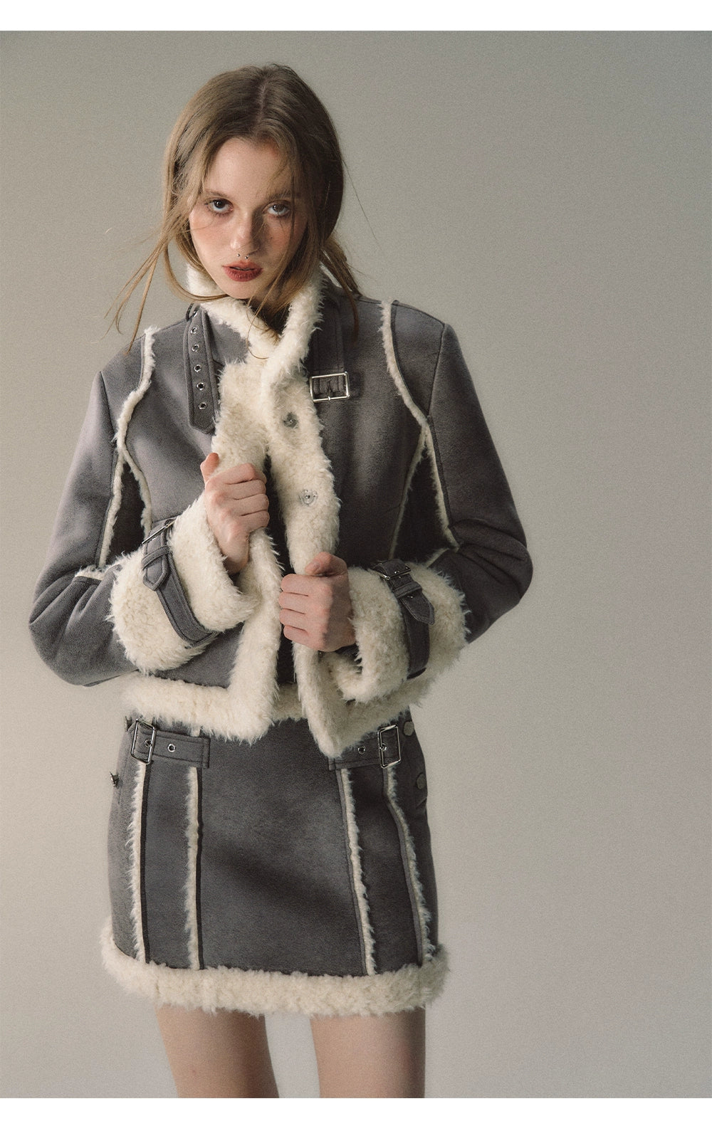 Grey Short Plush Shearling Jacket &amp; Skirt Set - CHINASQUAD