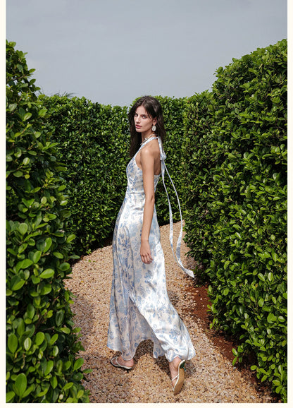 Halter V-Neck Cut-Out Printed Maxi Dress