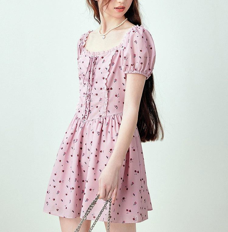 Pink Tie-strap Square-neck Floral Dress