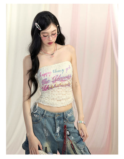 “Spring Love Letter” Lace Bandeau Crop Top