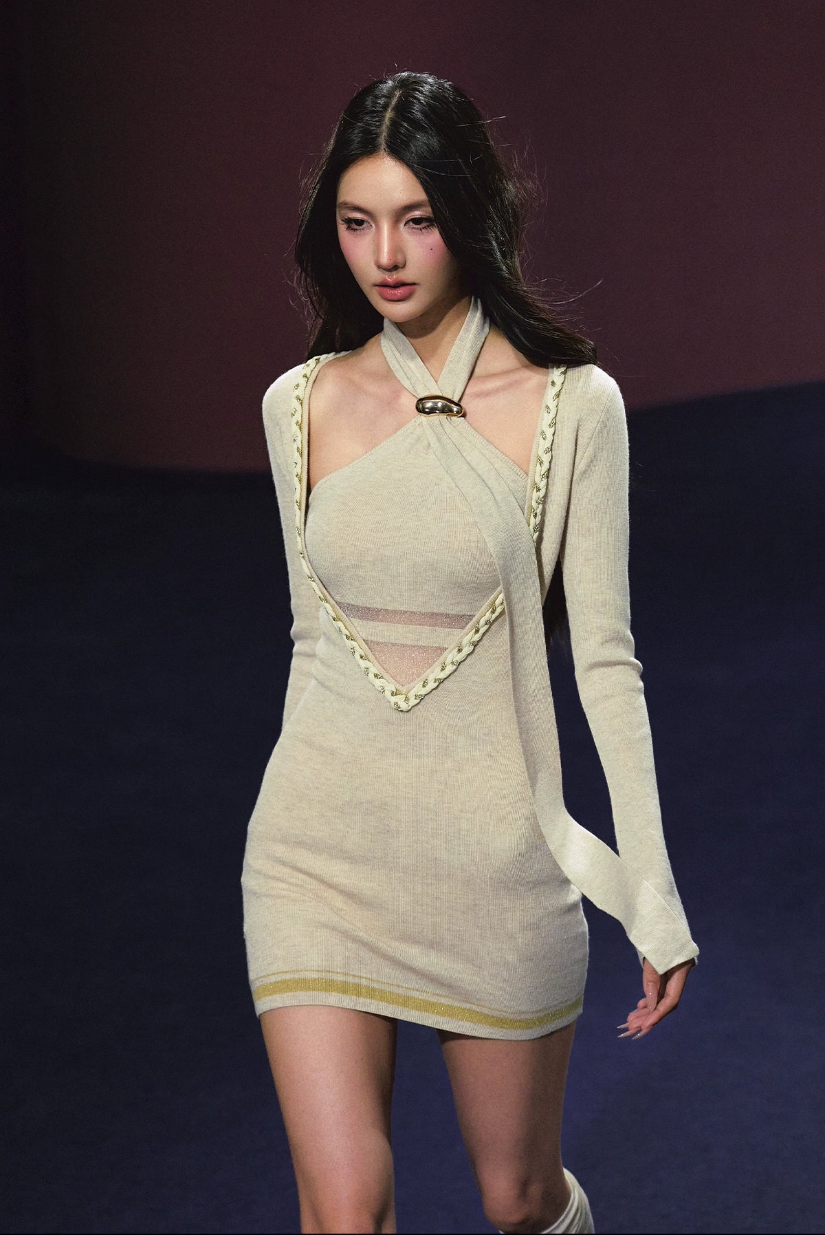 Spliced V-Neck Ribbon Layered Two-piece Dress - CHINASQUAD