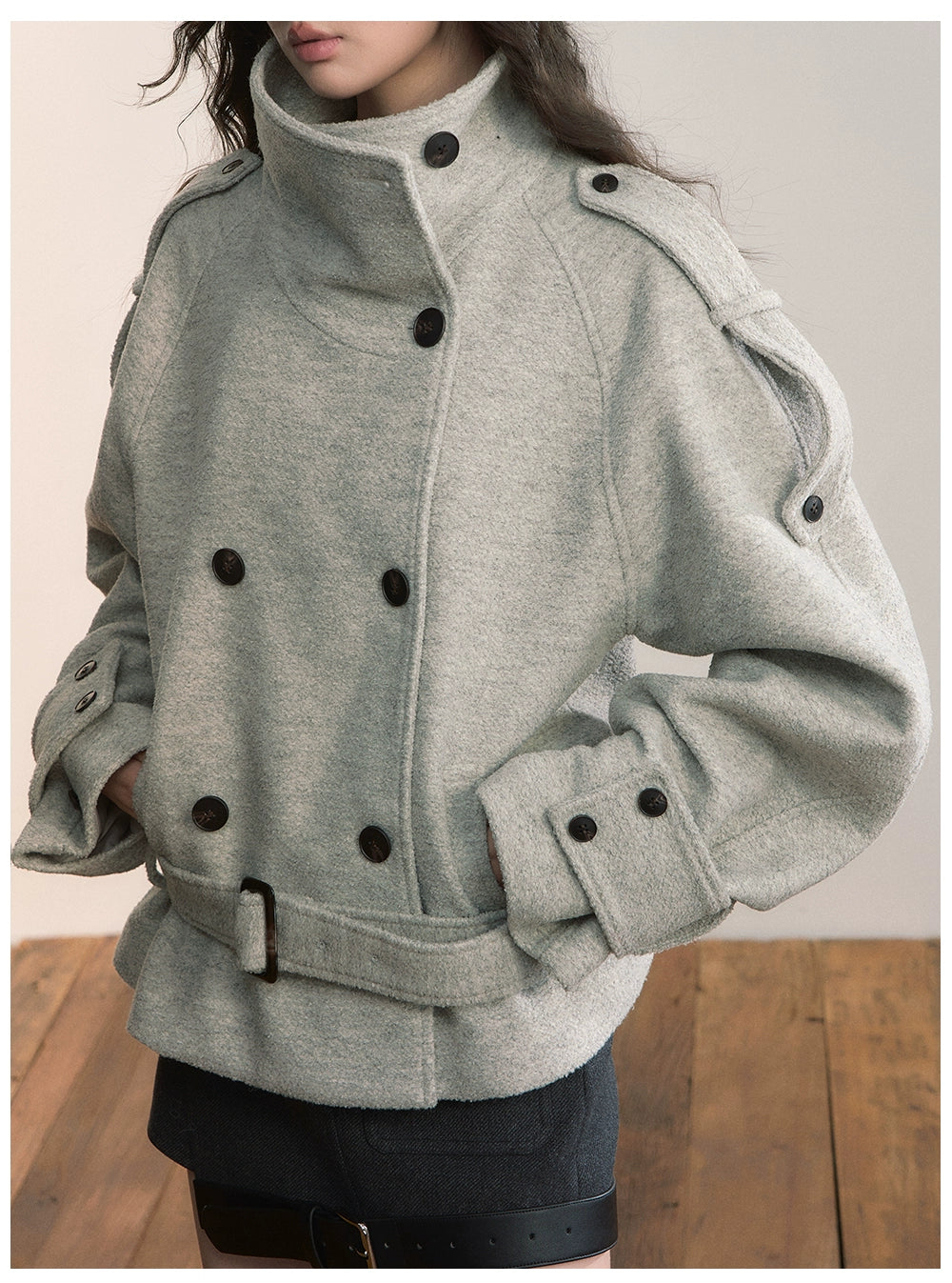 Contrast Double-Breasted Wool-Blend Belted Jacket