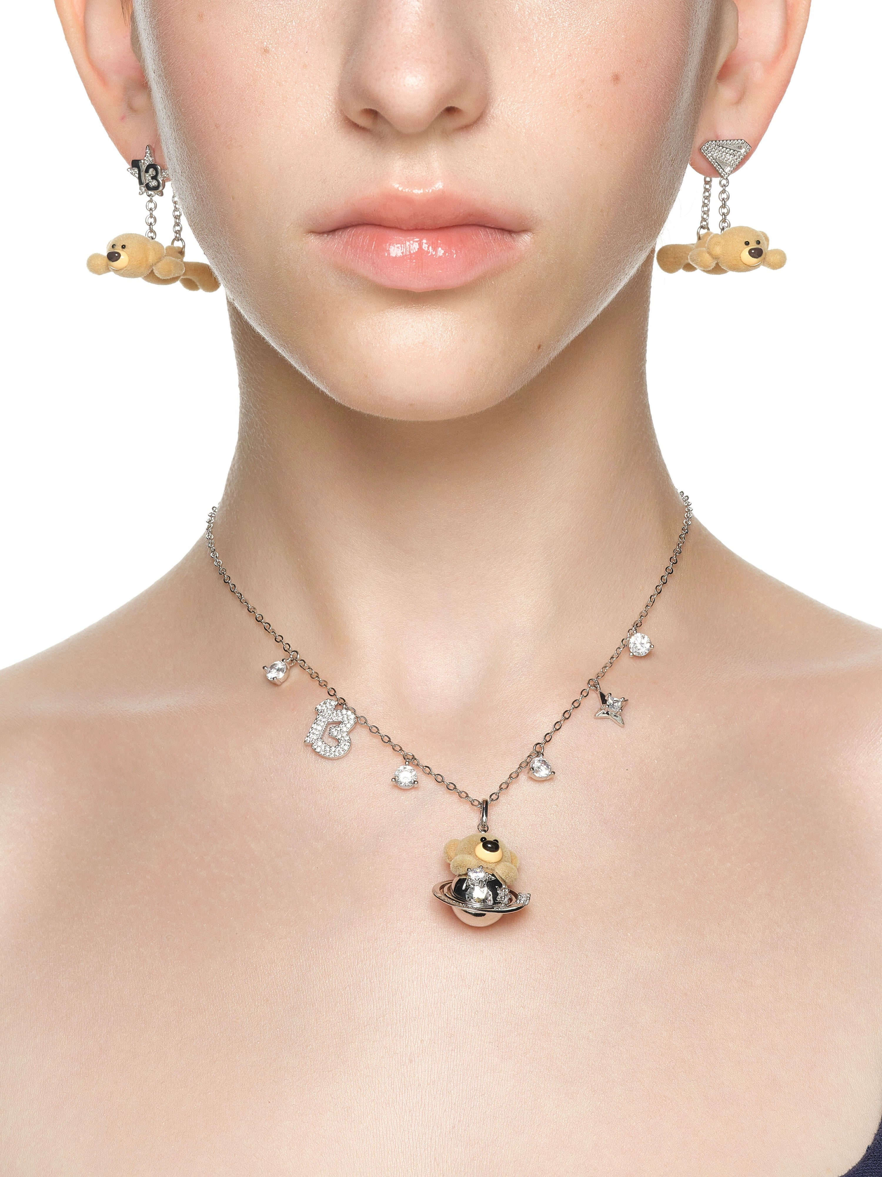 Playful Planet Flocked Bear Pendant Necklace