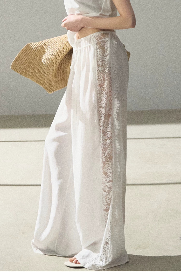 Lyocell Lace-Trimmed Flowing Wide-Leg Trousers