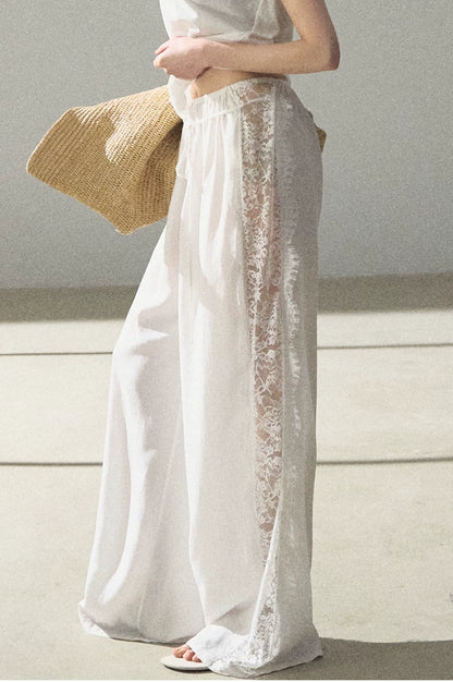 Lyocell Lace-Trimmed Flowing Wide-Leg Trousers