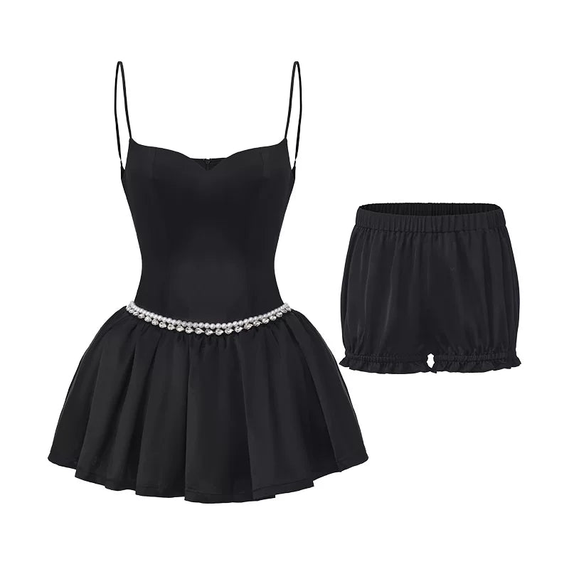 Pearl-Embellished Strappy Fit-and-Flare Mini Dress