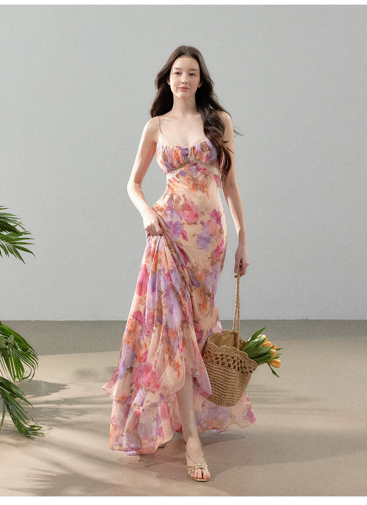 Dreamlike Summer Floral Chiffon Mermaid Slip Maxi Dress Beige / M