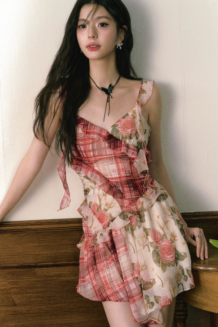 Red Plaid Rose Floral Dress