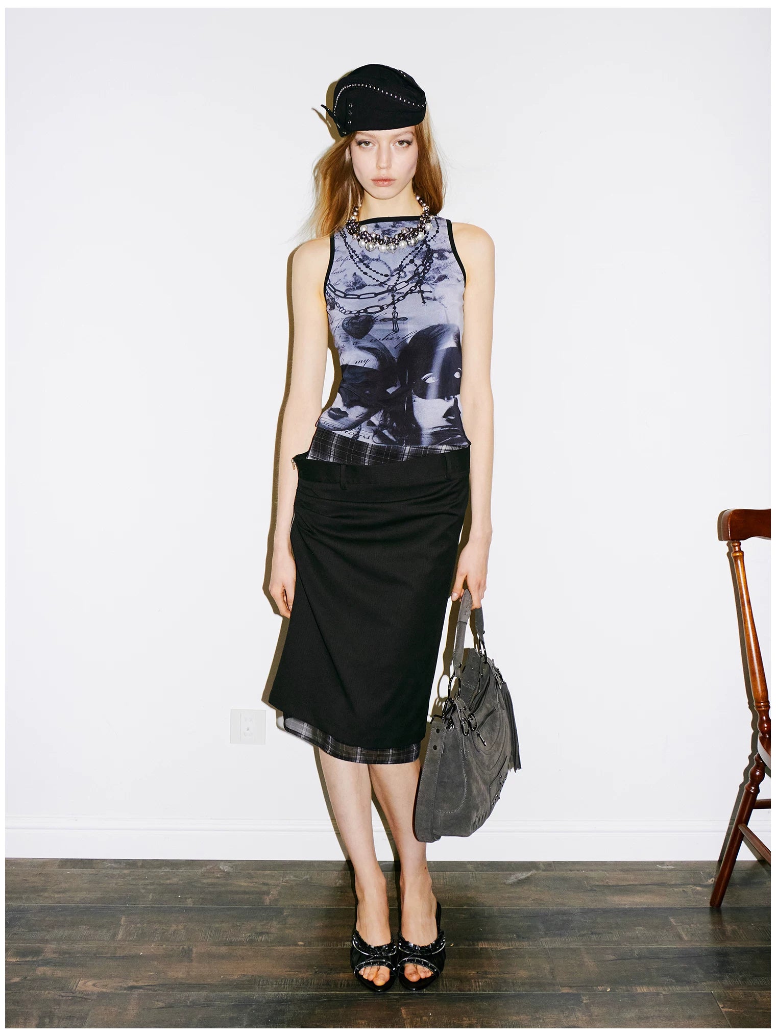 Reversible Newspaper Print Lace Panel Tank Top