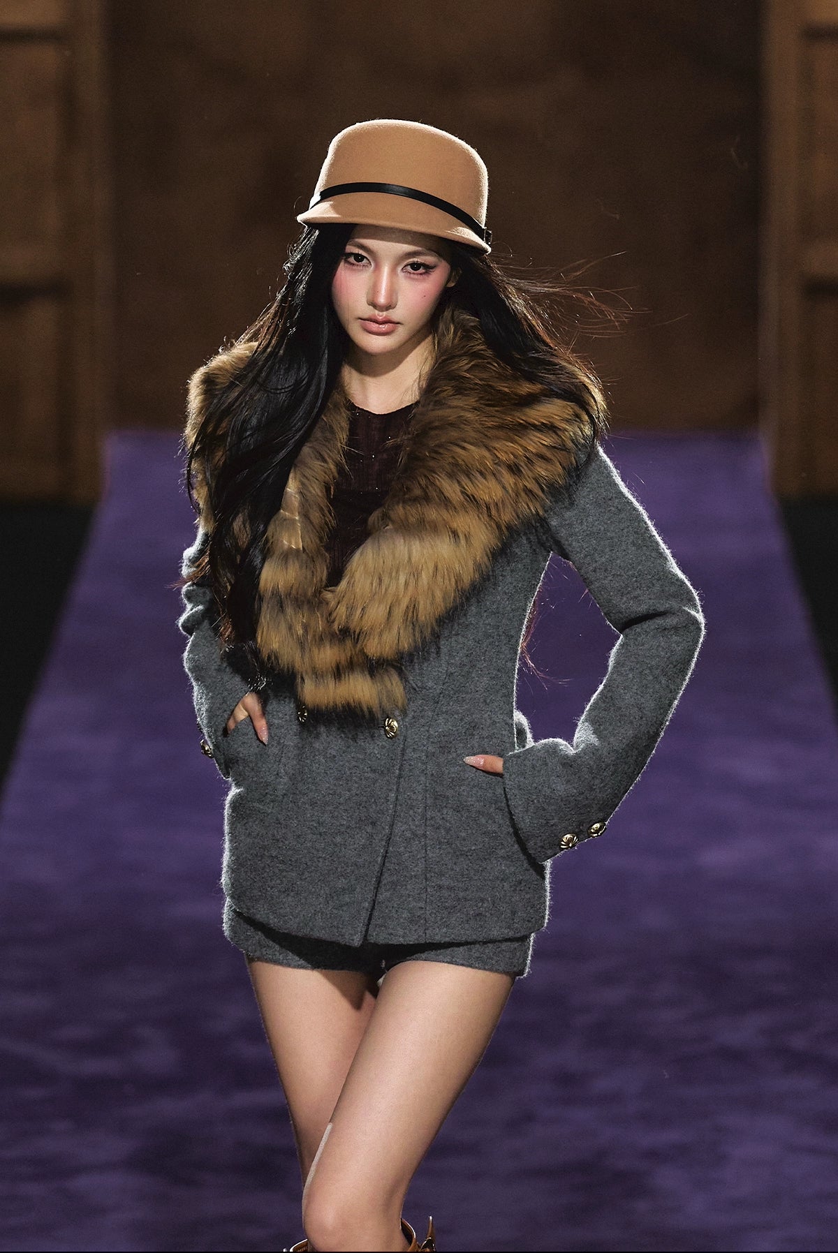 Detachable Fur Collar Wool Tailored Blazer &amp; Shorts Set