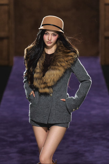 Detachable Fur Collar Wool Tailored Blazer &amp; Shorts Set