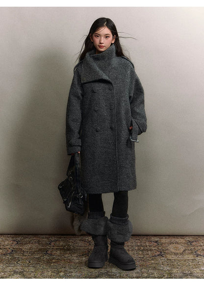 Stand-Collar Bouclé Wool Long Coat