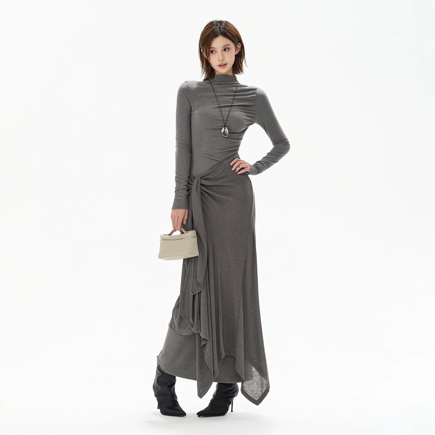 Half-High Neck Tie-Detail Knit Maxi Dress