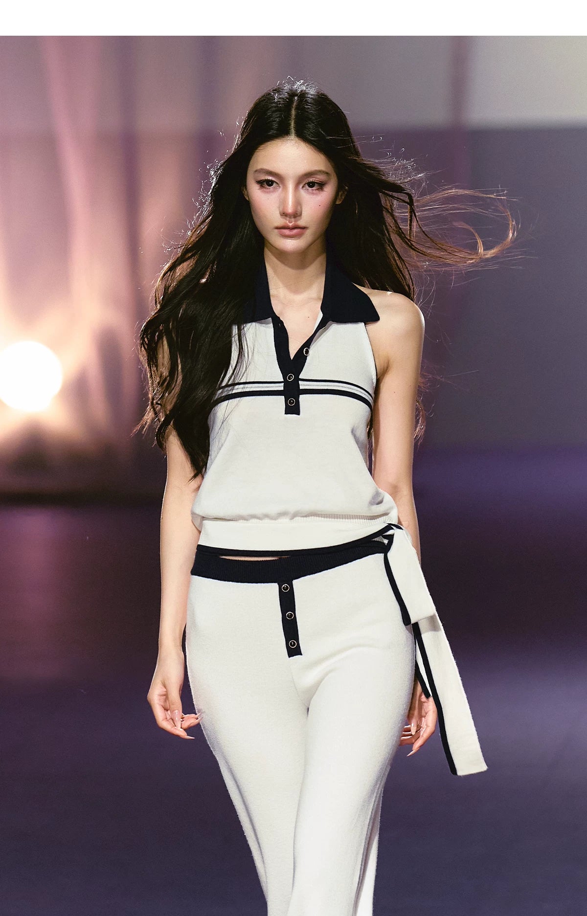 Relaxed Polo Halter Knit Top &amp; Flared Knit Pants Set
