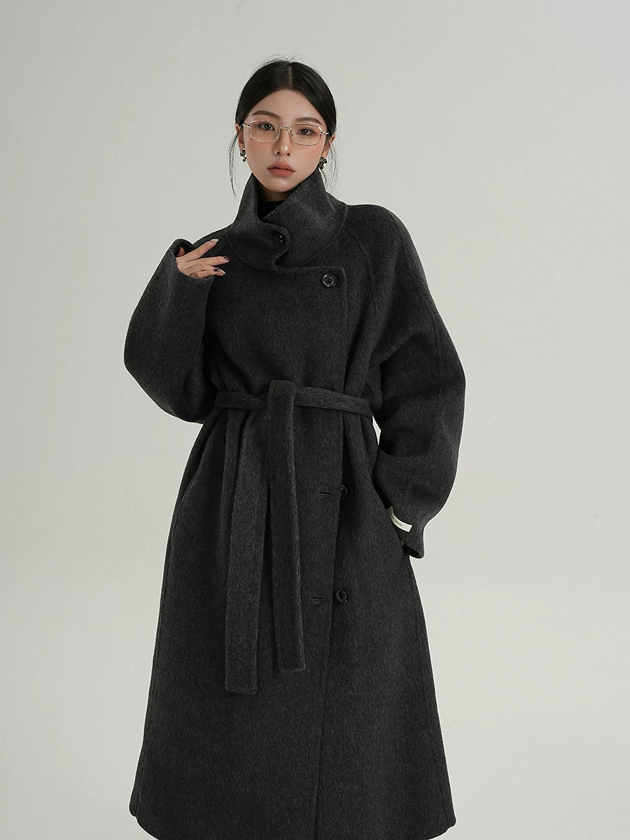 Stand-Collar Long Wool Double-Faced Coat
