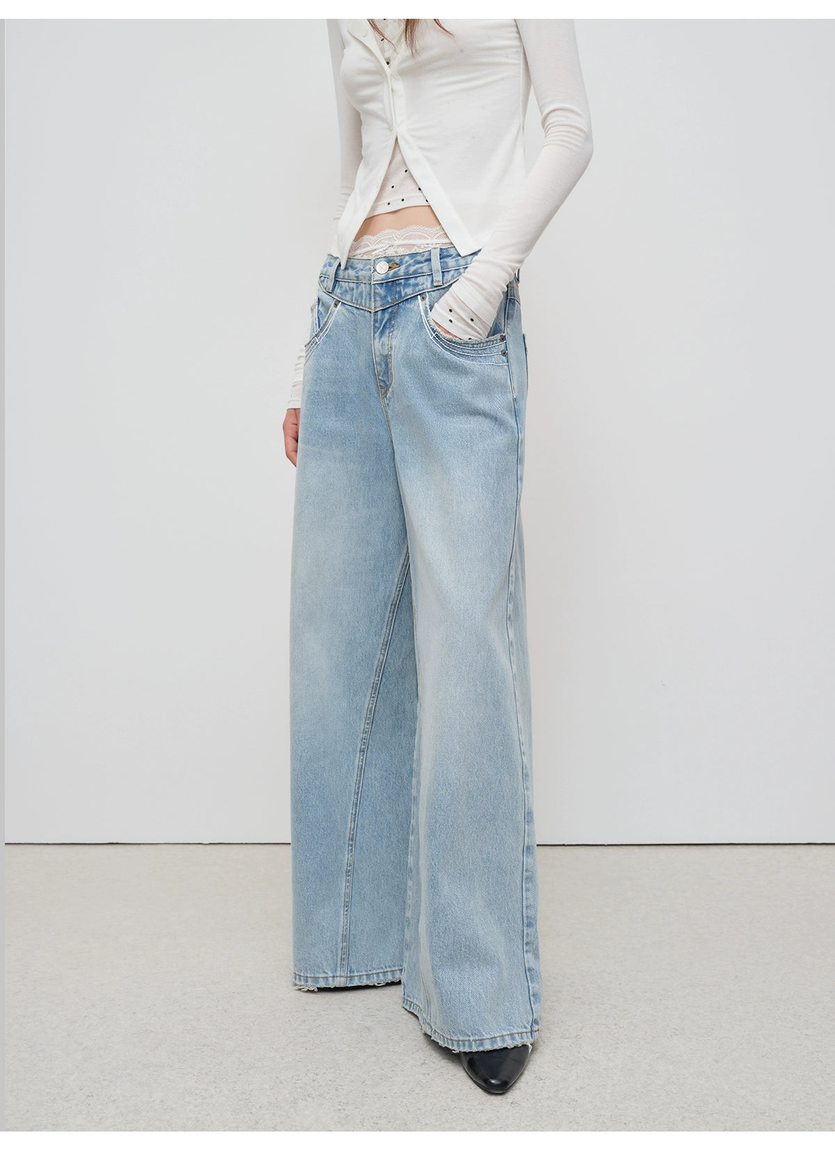 Light Blue Structured Wide-Leg Denim Pants