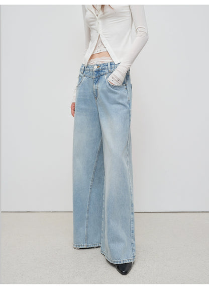 Light Blue Structured Wide-Leg Denim Pants