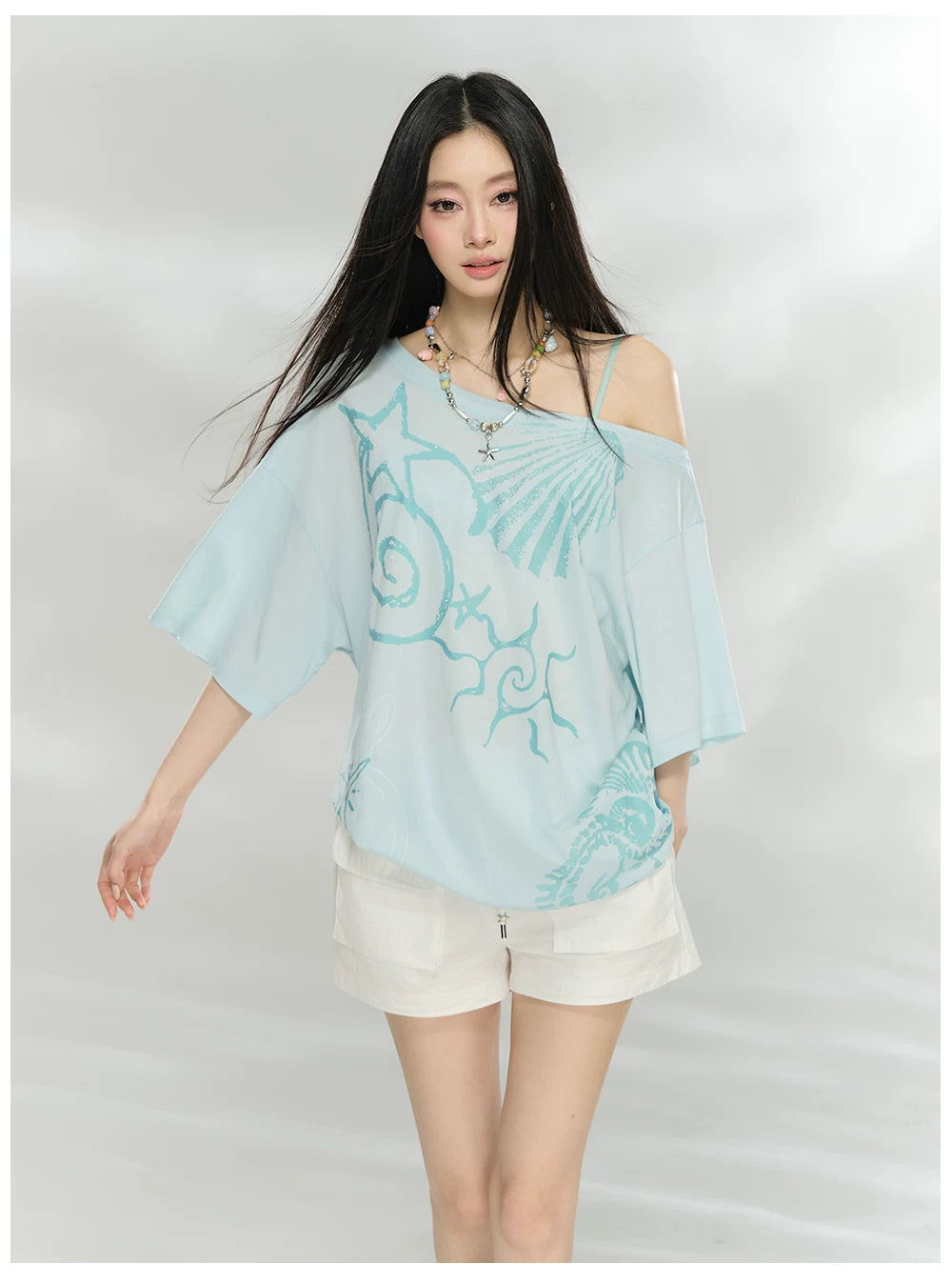 Ocean Print Asymmetric Oversized Modal T-Shirt
