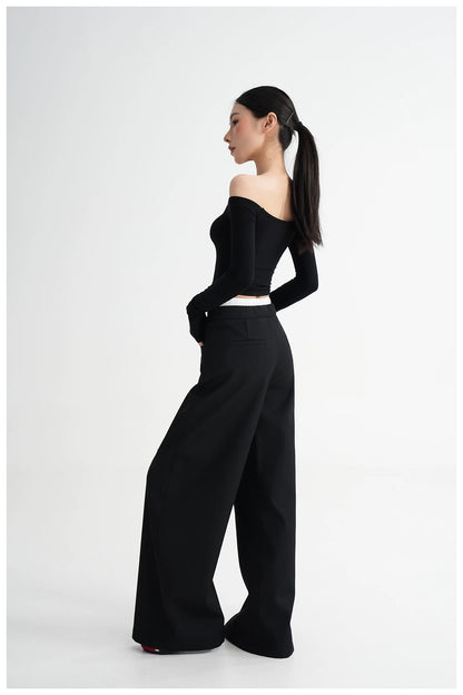 Off-Shoulder Cropped Fitted Long Sleeve T-Shirt