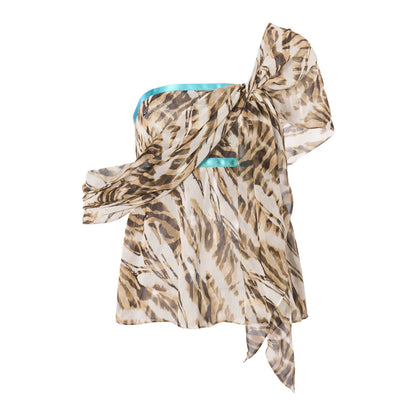 Tiger Print Chiffon Draped Strapless Open-Back Ribbon Top