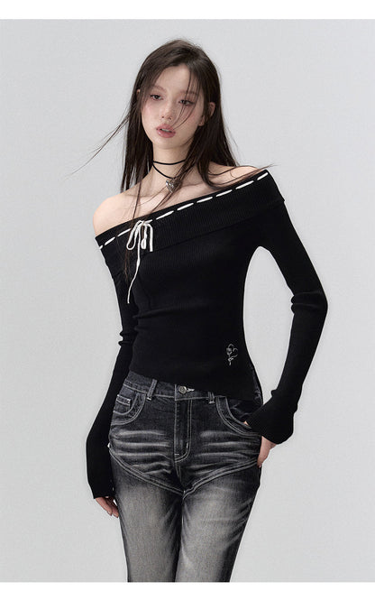 Black &amp; Brown Off-shoulder Knitted Long Sleeve T-shirt