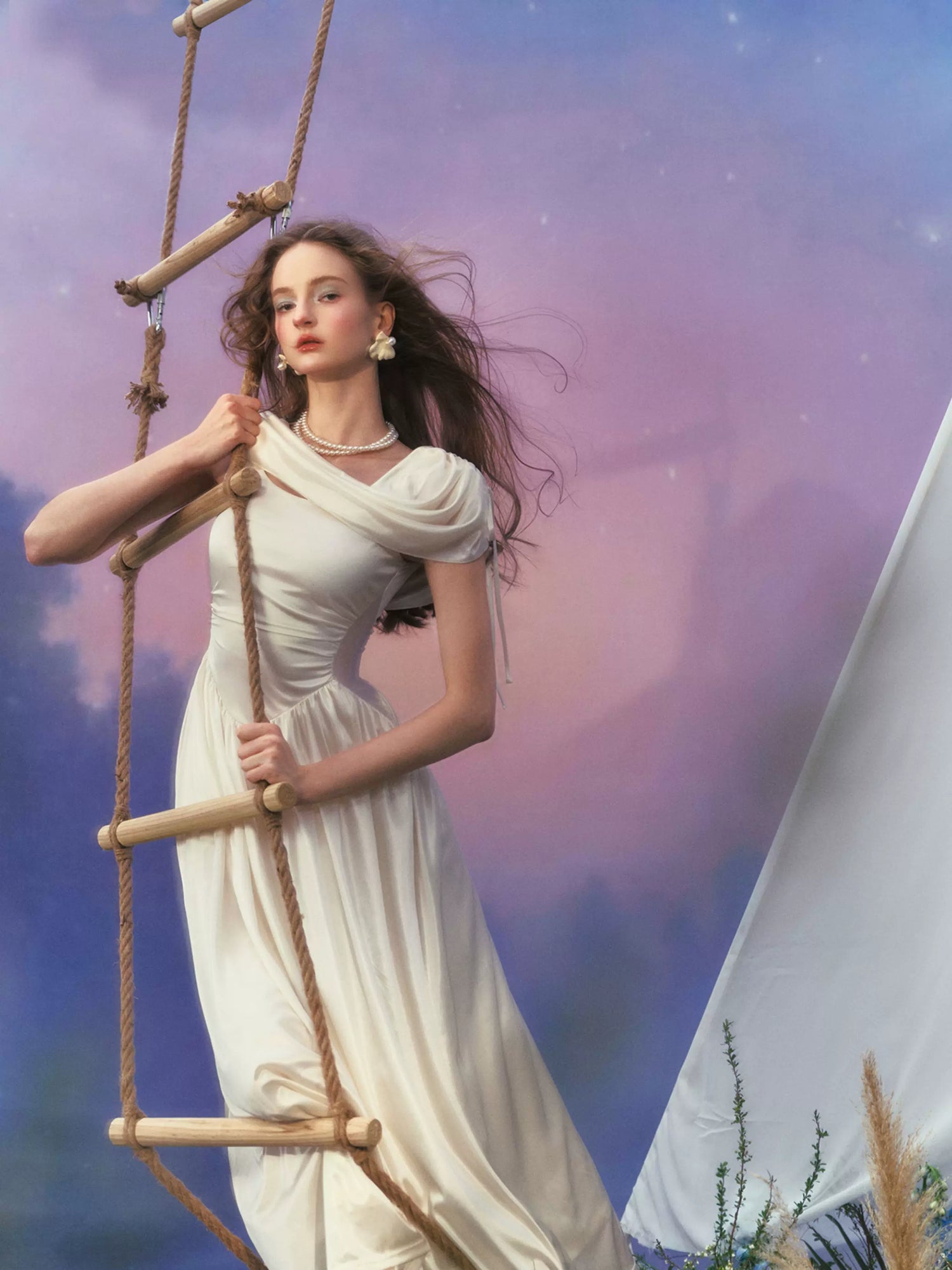 White French Court-Style Draped-Neck Dress