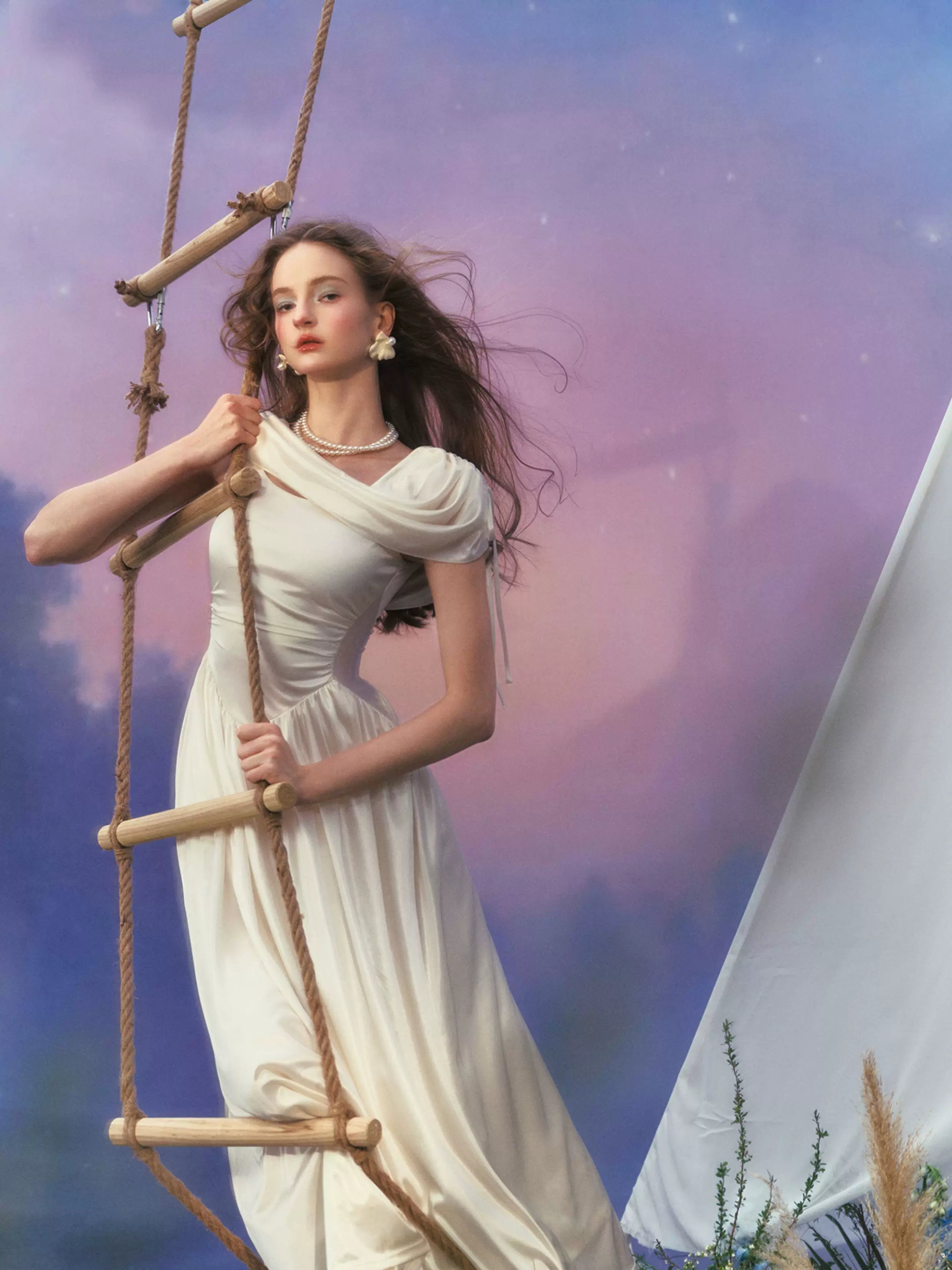 White French Court-Style Draped-Neck Dress