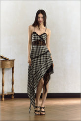 Black & White Plaid Lace Splicing Suspender Midi Dress - CHINASQUAD