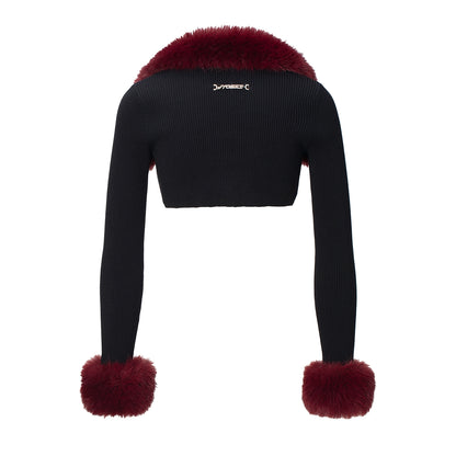 Fur-Collar Knit Cape &amp; Fuzzy Bodycon Skirt Set