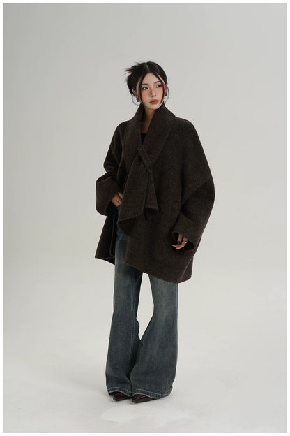 Scarf-Detail Mid-Length Wool Jacket