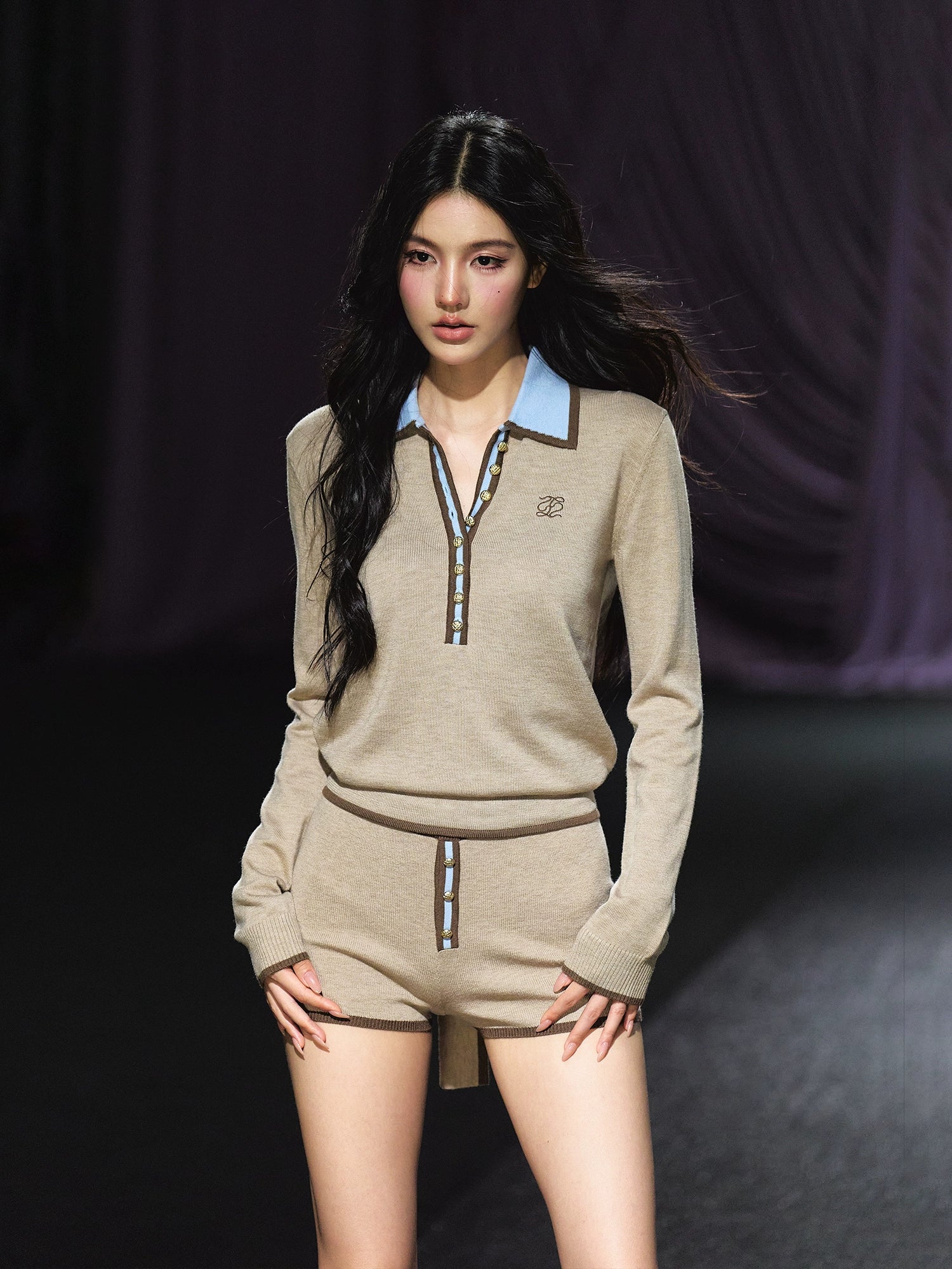 Contrast Tie-Neck Polo Knit Set