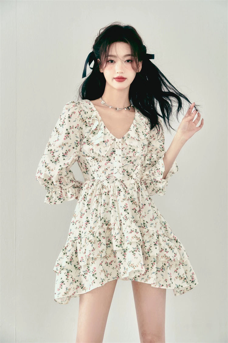 White Floral Lace Ruffled Dress