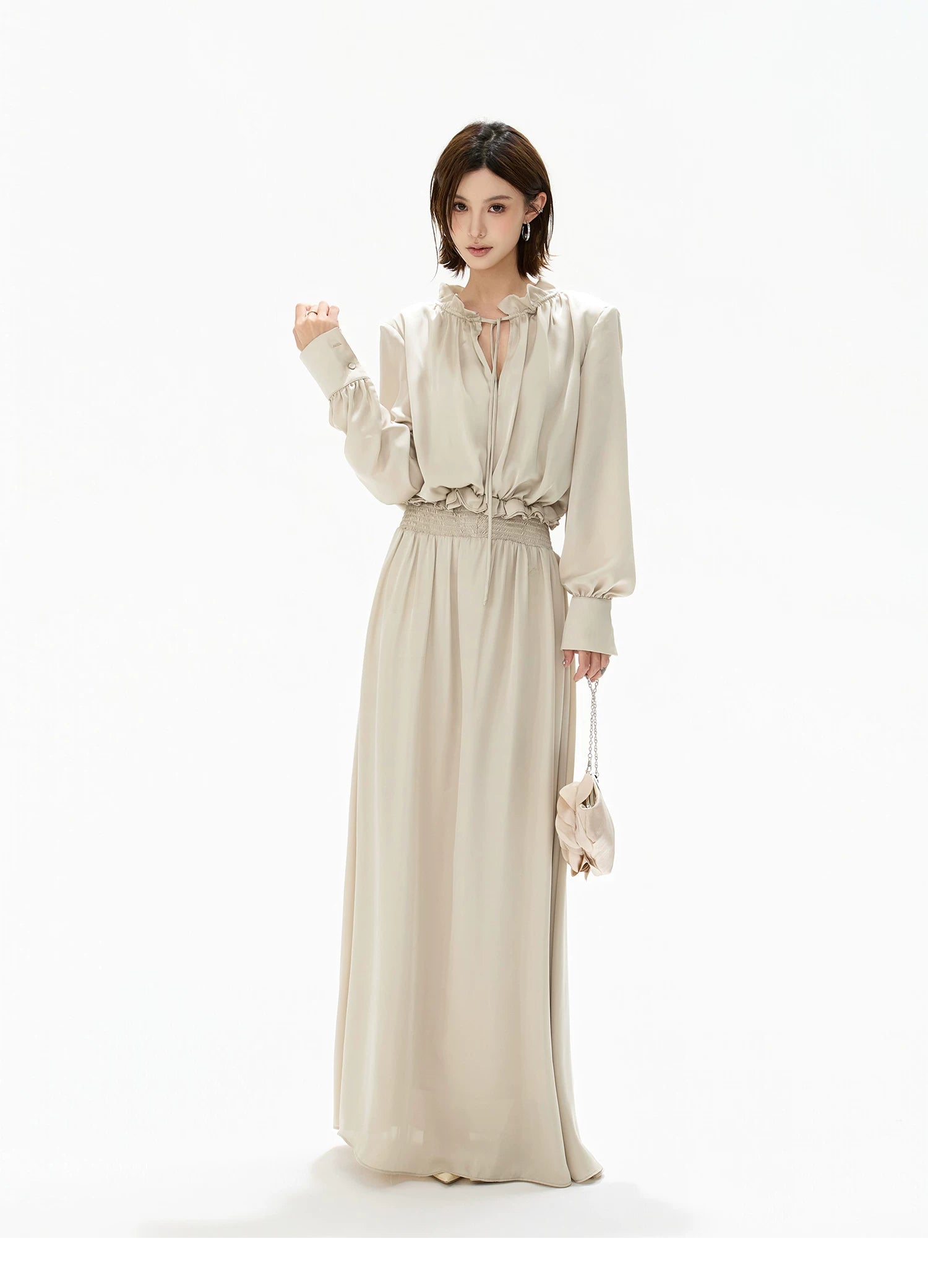 Elegant Ruffled Collar Satin Maxi Dress