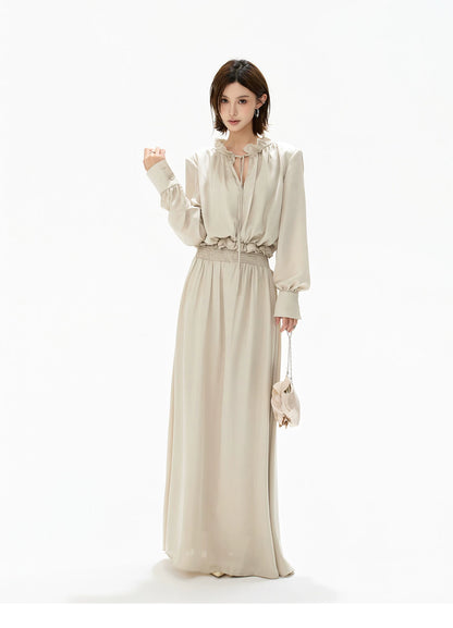 Elegant Ruffled Collar Satin Maxi Dress