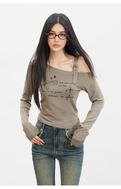 Butterfly Cold-Shoulder Long-Sleeve T-shirt