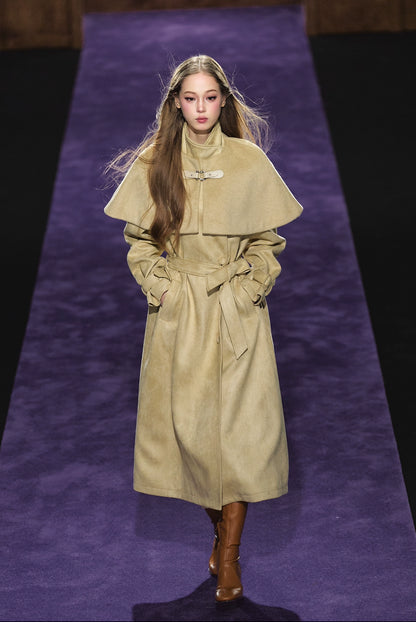 Shimmer Wool Cape Overlay &amp; Suede Long Detachable Belt Coat