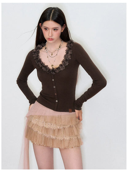 V-Neck Lace-Trim Fitted Knit Cardigan