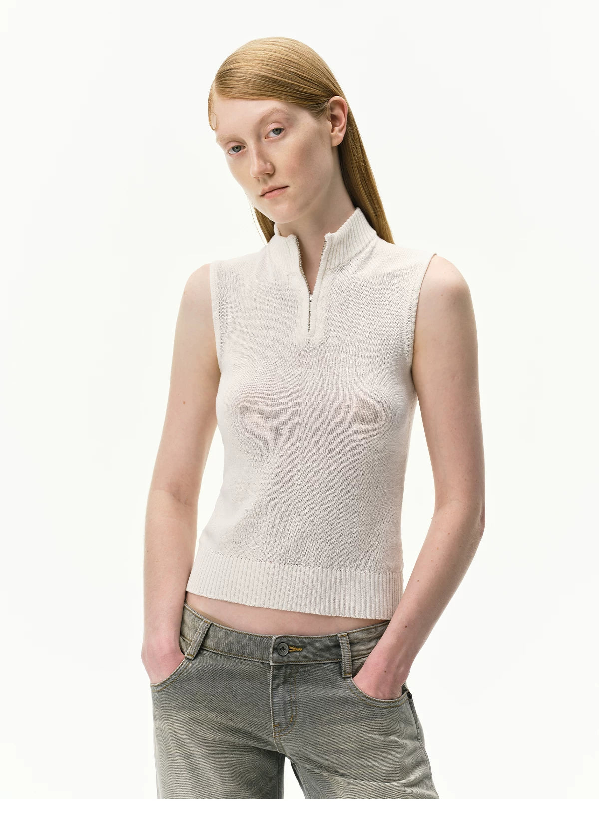Linen-Blend Mock Neck Knit Tank