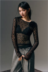 White & Black Lace Mesh Long Sleeve T-shirt - CHINASQUAD