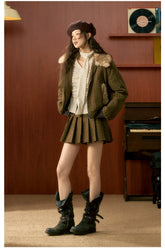 Khaki Plaid Patchwork Shearling Jacket & Pleated Skirt Set - CHINASQUAD