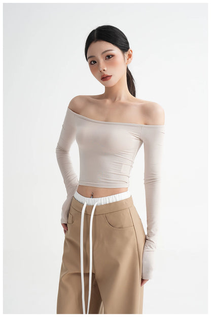 Off-Shoulder Cropped Fitted Long Sleeve T-Shirt