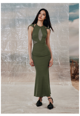 Khaki & Green Tight-fitting Hooded Long Dress - CHINASQUAD