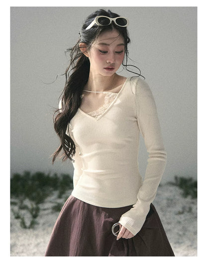 Deep V Lace Knit Top
