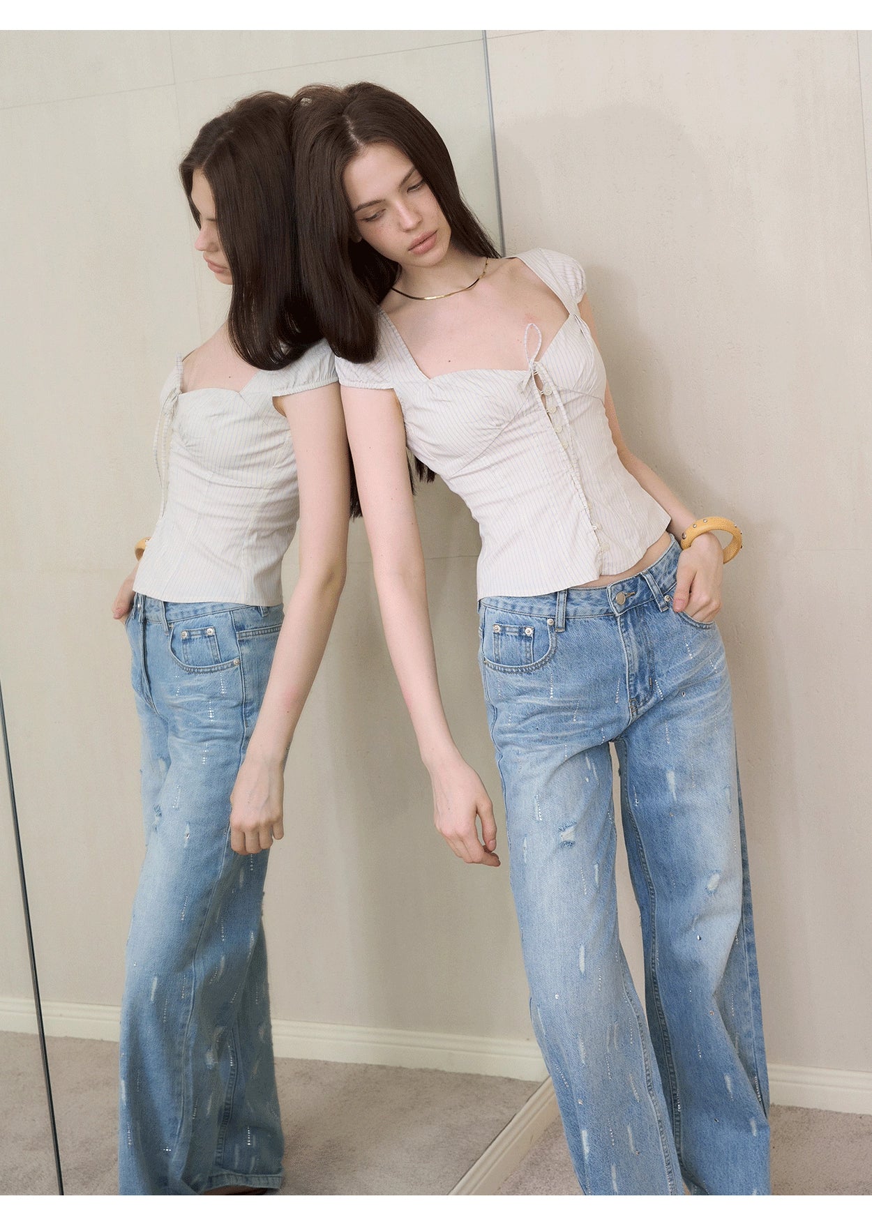 Rhinestone Distressed Denim Pants